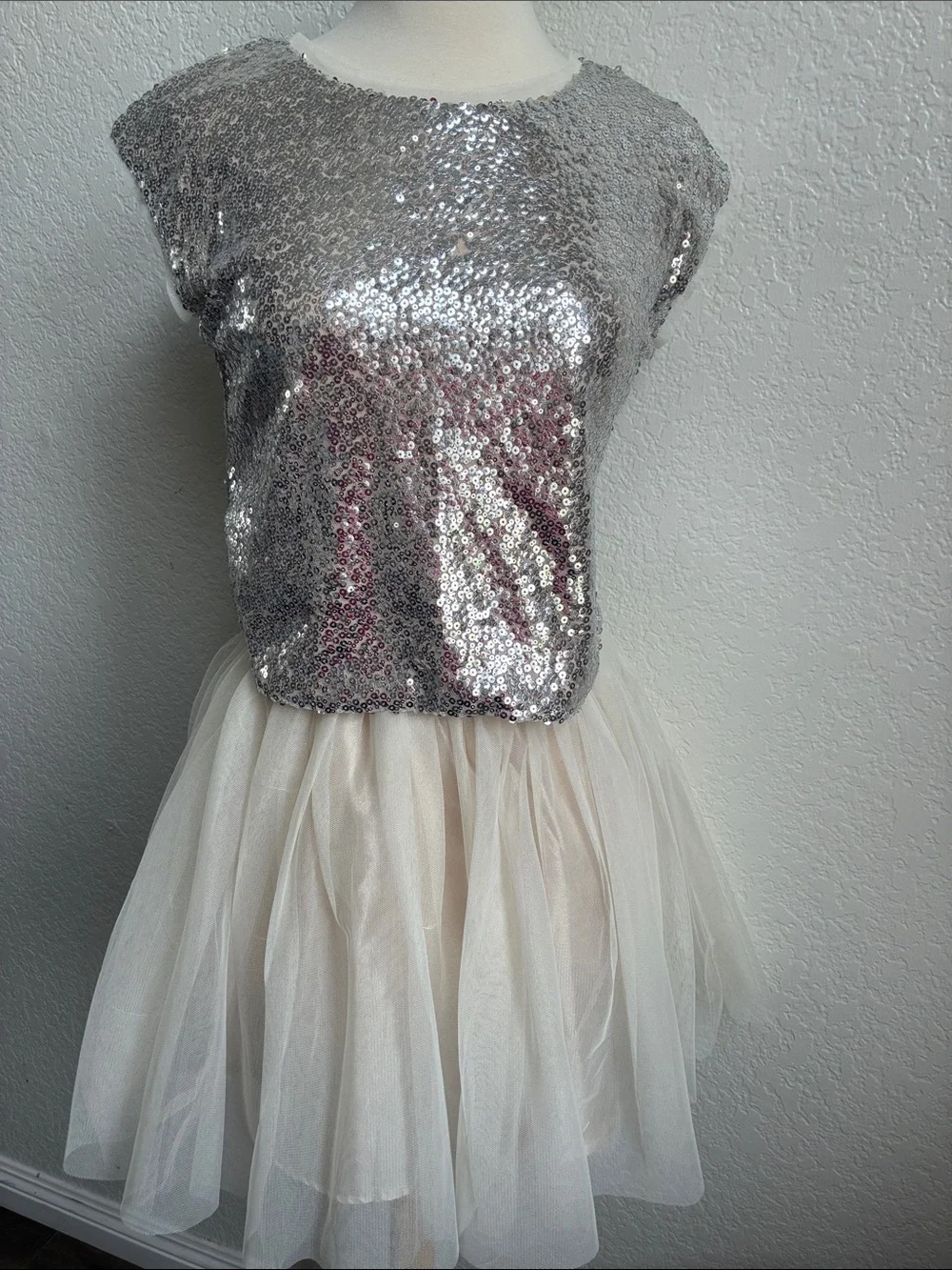 Girls Silver Sequin Top and Cream Tulle Skirt Matching Set